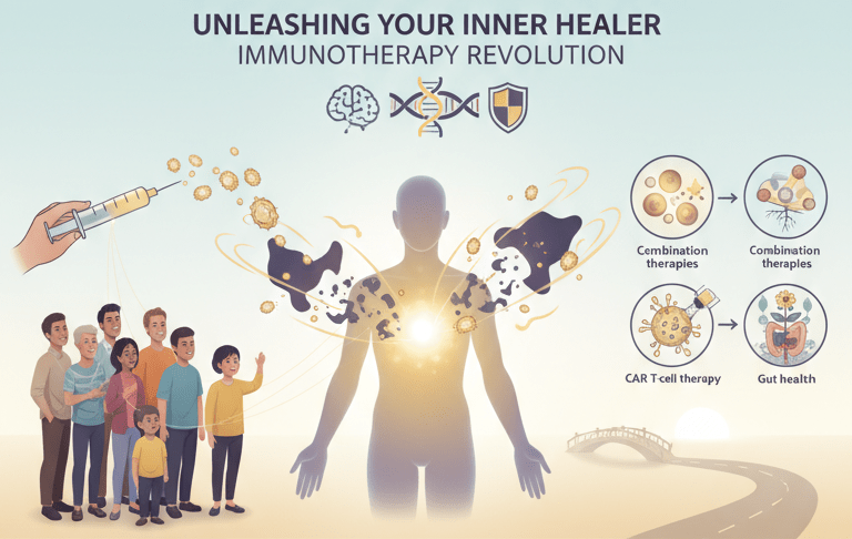 Infographic explaining how immunotherapy helps the immune system fight cancer, showing immune cells attacking cancer cells and patient benefit icons